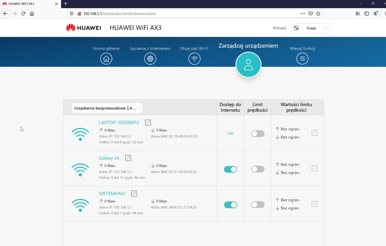 Huawei WiFi AX3 Quad Core - przeglądarka zarządzaj urządzeniem